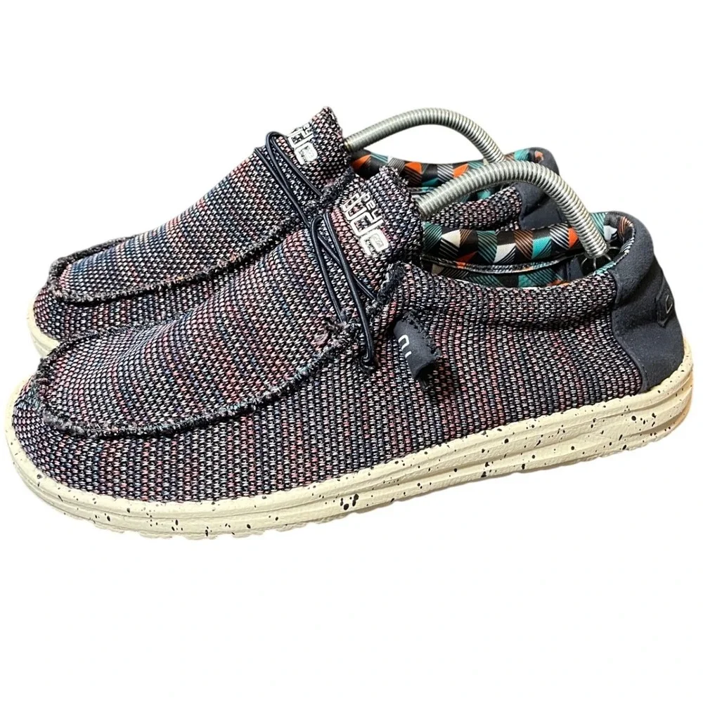 Hey Dude Wally Sox Mens Size 11 Blue Orange Knit Slip On Loafers Speckled Sole
